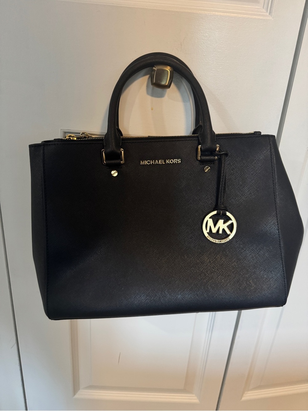 Michael Kors Black Saffiano Satchel with Gold MK Charm